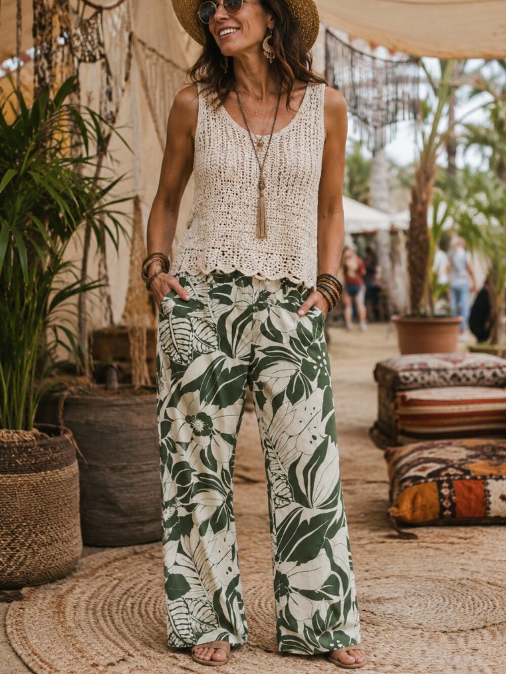 Zara Basic Olive Green and Cream Boho Floral Patterned Pants